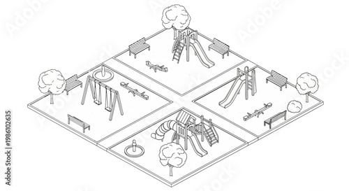 Isometric Playground Scene Outline with Swings Slides and Benches