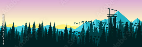Panoramic Blue Mountain Illustration with Fire Lookout Tower for Creative Ad Campaigns