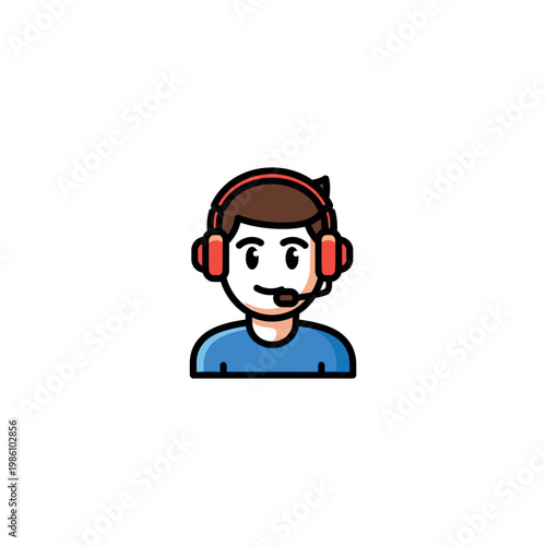 Cartoon man wearing headset smiling.