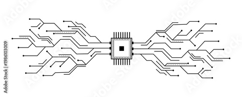 Abstract technology background featuring microchip illustration with branching circuit connections, digital hardware concept, black and white vector art.
