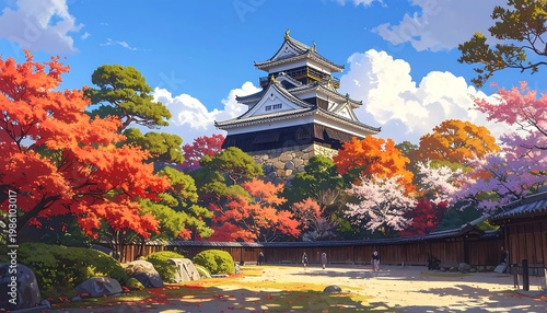 A serene Japanese castle surrounded by vibrant autumn trees