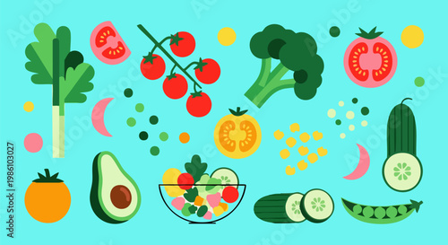 Flat vector vegetable collection, fresh organic salad ingredients set, healthy food icons with avocado, tomato, and broccoli on blue background