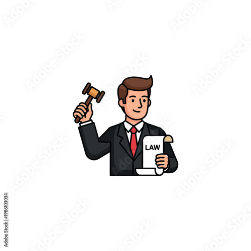 Cartoon man holding law book gavel.