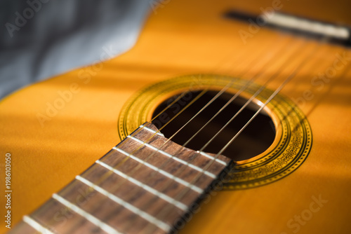 Guitar Body And Strings In Sunlight. Acoustic Musical Instrument Background