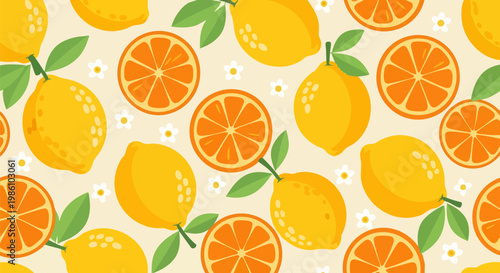 Seamless citrus fruit pattern with lemons and orange slices, vibrant summer food vector background, fresh tropical fruit wallpaper for textile design