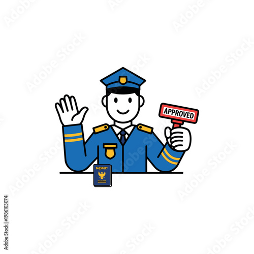 Smiling cartoon airport security officer waving.