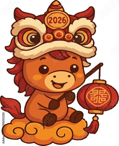 Cartoon Horse Wearing Lion Dance Headpiece.