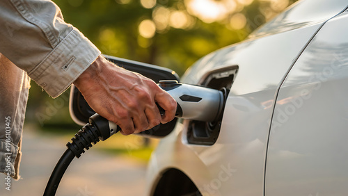 Man Charging Electric Vehicle in Nature Eco Friendly Transport Energy Concept