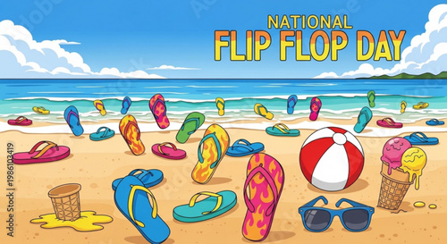 Beach scene with colorful flip flops beach ball and sunglasses on sandy shore by ocean national flip flop day
