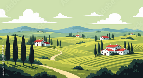 Tuscan landscape vector illustration, rolling green hills with cypress trees and farmhouses, scenic rural countryside valley with mountains