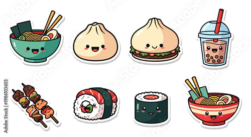 Kawaii Asian Food Sticker Set, Cute Chibi Japanese and Chinese Cuisine Illustrations, Ramen, Sushi, Dim Sum, and Boba Tea Vector Icons Isolated on White Background