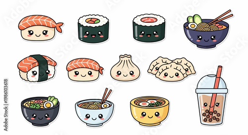 Kawaii Asian Food Sticker Set, Cute Sushi, Ramen, Dim Sum, and Boba Tea Vector Illustrations for Microstock.