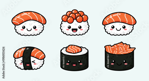 Cute Kawaii Sushi Sticker Character Collection, Japanese Food Vector Illustration Set of Nigiri and Maki with Happy Chibi Faces.