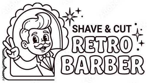 Retro barber shop logo with smiling man holding peace sign classic hairstyle.