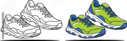 Photography Sneakers pair running shoes isolated in clean cartoon vector outline illustratio