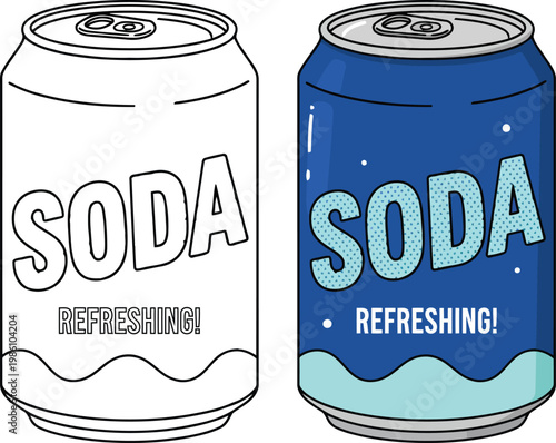 Soda can refreshing beverage isolated in clean cartoon vector outline illustration style