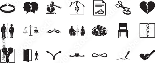 Divorce icon set with separation, broken relationship, legal and family conflict symbols design.