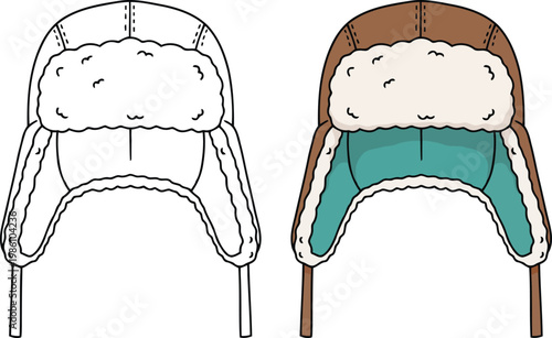 Winter hat trapper ushanka with ear flaps isolated in clean cartoon vector outline illustration style