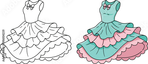 Dress ruffle layered gown isolated in clean cartoon vector outline illustration style