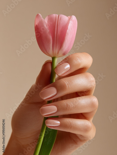 Soft pink tulip held by hand with glossy nude manicure on beige background