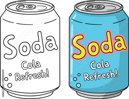Soda cute cartoon beverage can isolated in clean bold outline vector illustration style