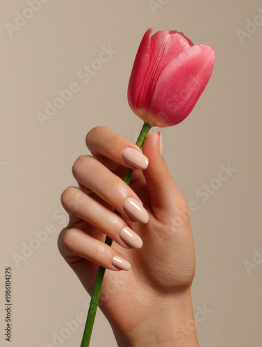 Soft pink nail polish on feminine hand holding fresh pink tulip flower with green stem