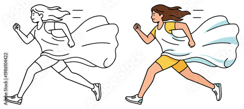 Running woman fitness athlete character in motion with flowing fabric in clean bold outline vector style