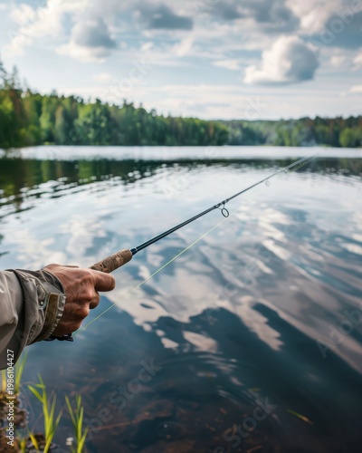 Person Fly Fishing in Serene Lake with Lush Forest Background