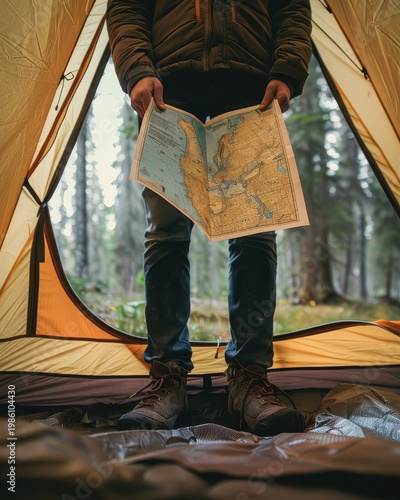 Camper Holding Map Inside Yellow Tent in Forest