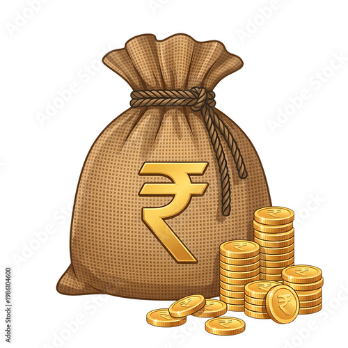 Money bag with indian rupee symbol and gold coins- wealth and savings illustration 