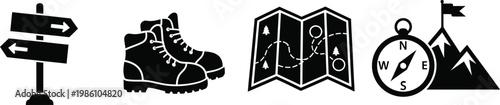 Adventure travel icons directional signs boots map compass and mountain isolated on transparent background