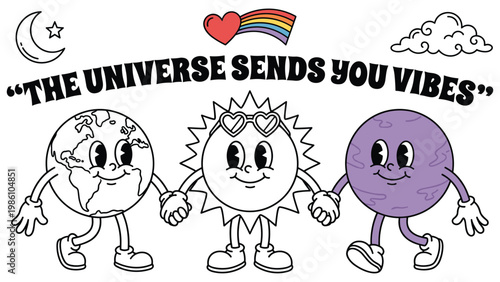 Retro universe celestial cartoon characters of earth sun and moon holding hands together.