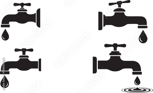 A stark black silhouette depicts a water faucet with a single dripping drop creating a minimalist image silhouette.Depicts a water faucet with a single dripping drop vector illustration.