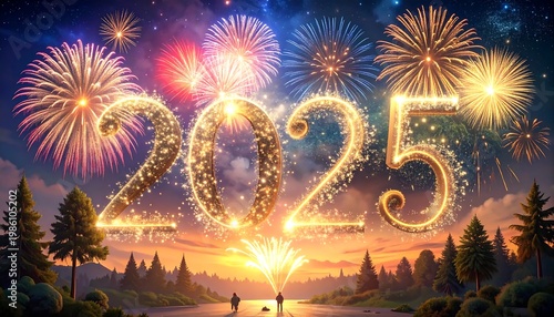 A serene lake scene with fireworks and 2025