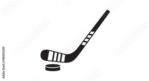 A black and white illustration of a hockey stick and puck