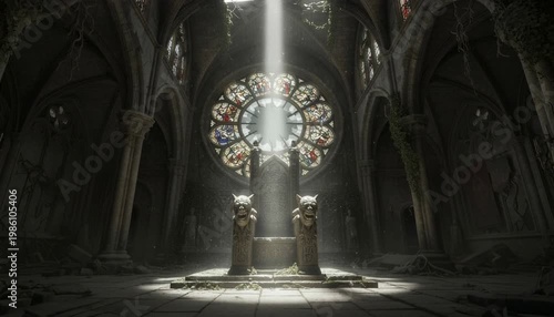 Ancient stone throne inside crumbling gothic cathedral ruins
