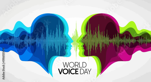 Vivid vector graphic celebrating World Voice Day, featuring two stylized human head silhouettes facing each other, with sound wave visualizations emanating between them, set