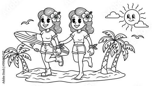 Two girls on a beach with surfboards and palm trees coloring page.