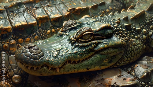 Crocodile rests. Detailed scales texture in varying green, brown, and tan shades. Head is in focus