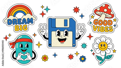Set of groovy stickers 70s retro style with positive quotes and cartoon characters.