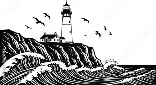 Lighthouse silhouette coastal scene, ocean waves crashing on cliffs, seagulls flying, maritime landscape illustration, nautical seaside black vector design