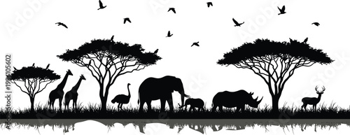 African safari silhouettes with reflection, savanna wildlife animals scene, elephant giraffe birds acacia trees, nature landscape illustration, black vector design