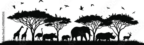 African safari animal silhouettes, savanna wildlife scene with elephant giraffe birds, acacia trees landscape, nature panorama illustration, black vector design