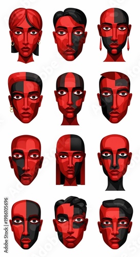 Striking Digital Portraits: Bold Red & Black Faces, Expressive Eyes, Graphic Style