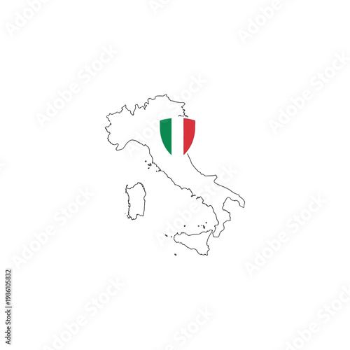 Italian flag shield on a map of Italy with green, white and red colors.