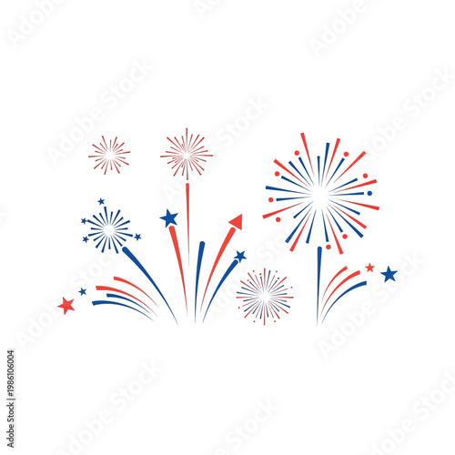 Vibrant fireworks explode in the night sky with stars and streaks of red blue.