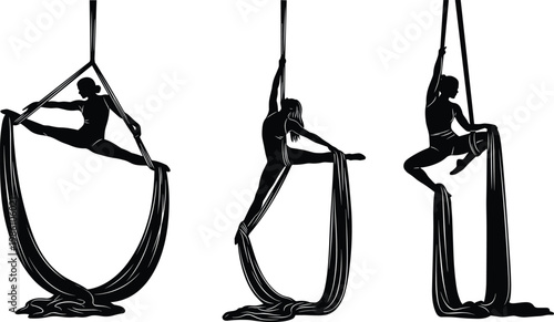Aerial silk acrobat silhouettes, female performer poses set, circus fitness illustration, aerial yoga dance figures, black isolated vector design concept