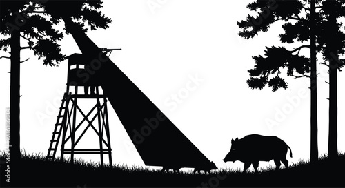 Wild boar forest silhouette, hunting tower scene illustration, woodland landscape with trees, wildlife nature concept, black isolated vector design background