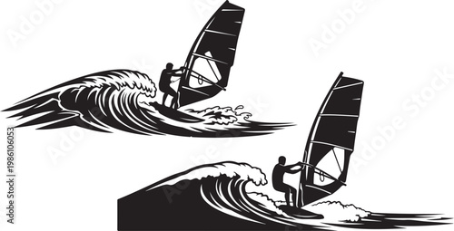 A dynamic black silhouette of a windsurfer riding ocean waves showcasing a thrilling water sport silhouette high quality.Windsurfer riding ocean waves showcasing vector illustration.