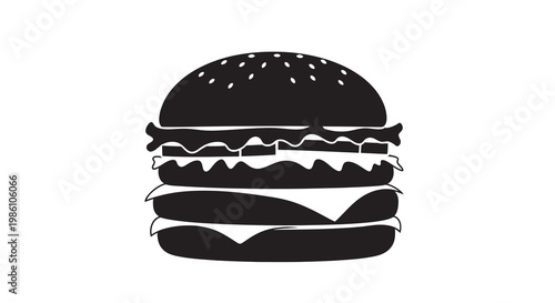 A stark black and white illustration of a classic cheeseburger with layers